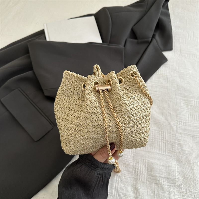 Sac seau en paille tressée avec chaîne à cordon pour femme – Nouveau style d'été, navette, style coréen, sac à bandoulière uni simple