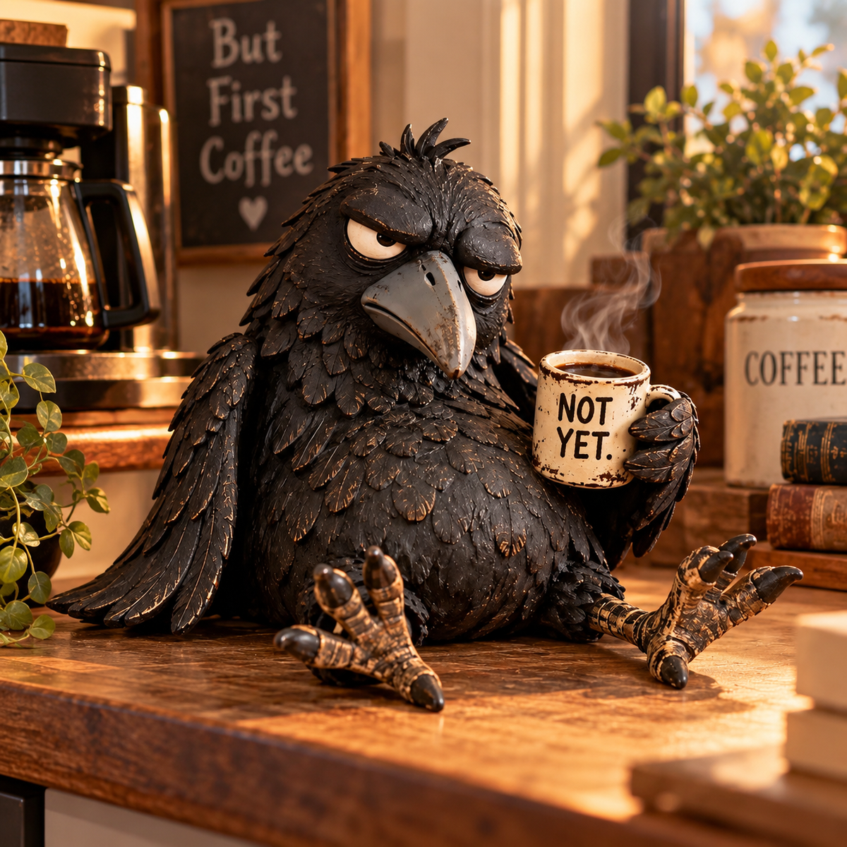 Figurine « Grumpy Coffee Raven » – Décoration matinale humoristique « Pas encore »