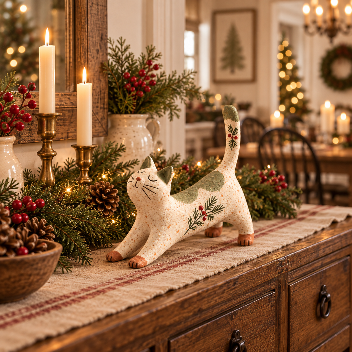 Figurine de chat de Noël sur le thème de la forêt
