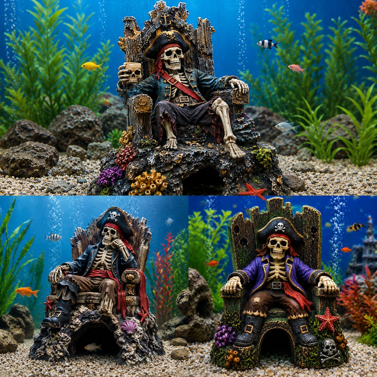 🌊☠️Décoration pour aquarium : grotte-repaire avec trône de squelette de pirate sous-marin
