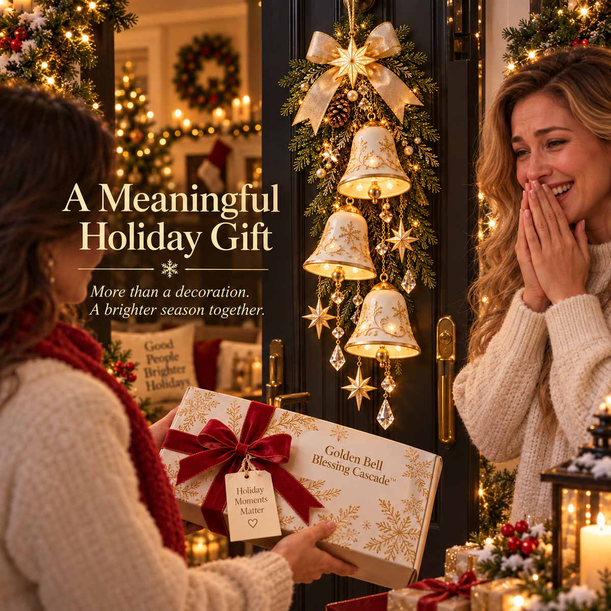 🔔✨Dernier jour : 49 % de réduction✨✨ Golden Bell Blessing Cascade™ – Décoration de porte de Noël lumineuse