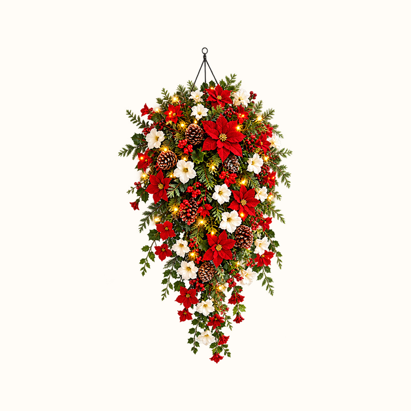 🎄Couronne de Noël en cascade — Lumières chaleureuses, fleurs rouges et blanches, un point de mire immédiat