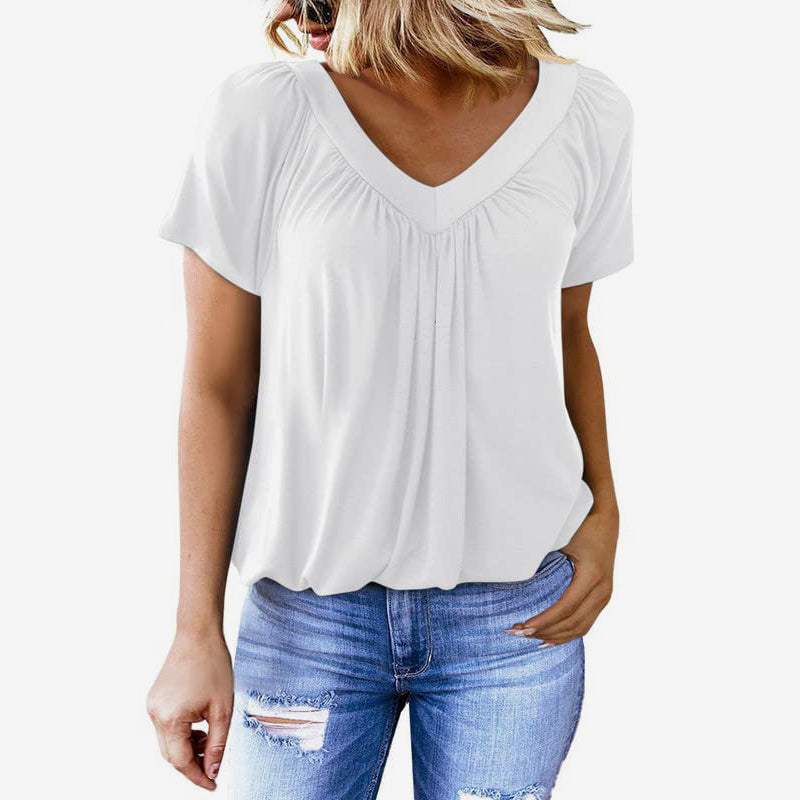 Haut décontracté à manches courtes et col en V plissé pour femme