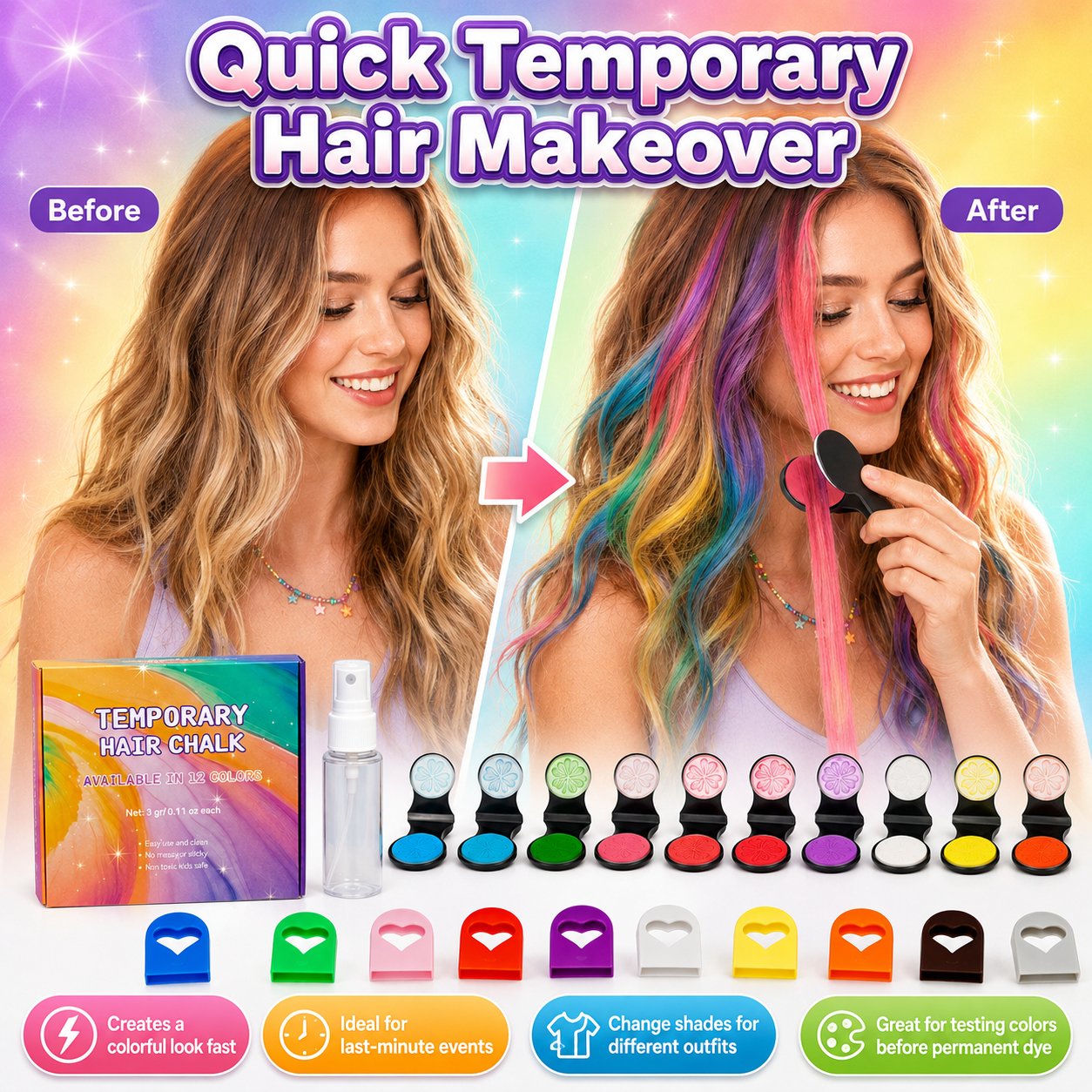 🔥Dernier jour : 50 % de réduction - 🌈 Kit d'applicateurs de craies capillaires temporaires, 12 couleurs