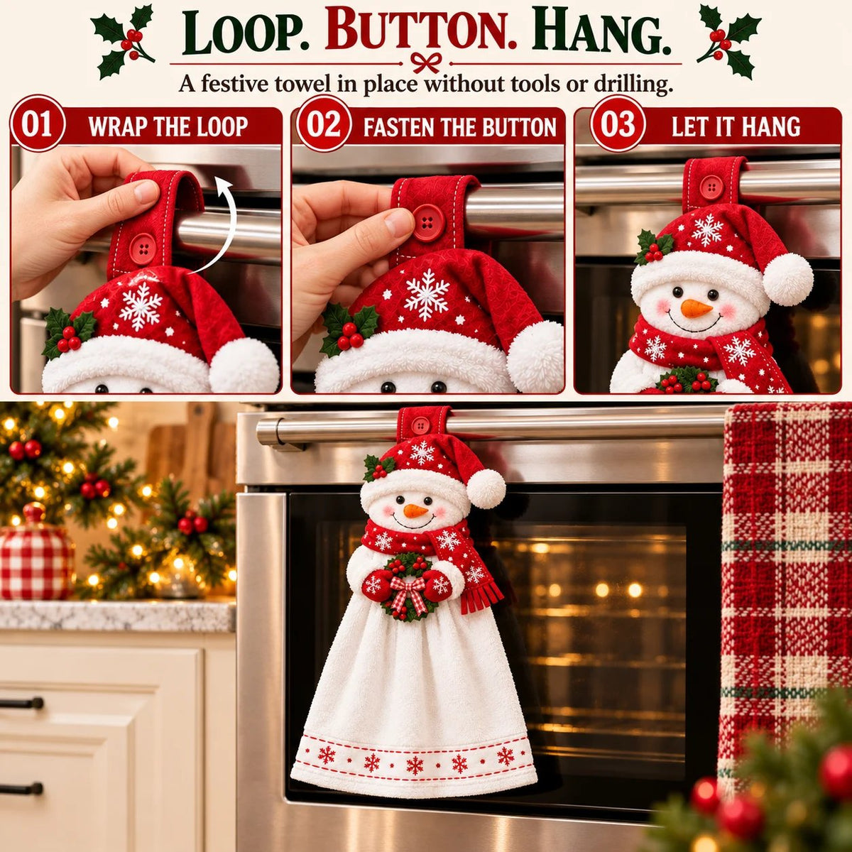 🎄 Serviette de main à suspendre pour Noël | Sa boucle à bouton permet de la garder à portée de main
