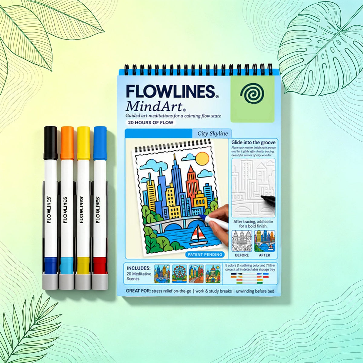 🌿  Cahier de coloriage « Flow Art » avec instructions et feutres double face 🎨