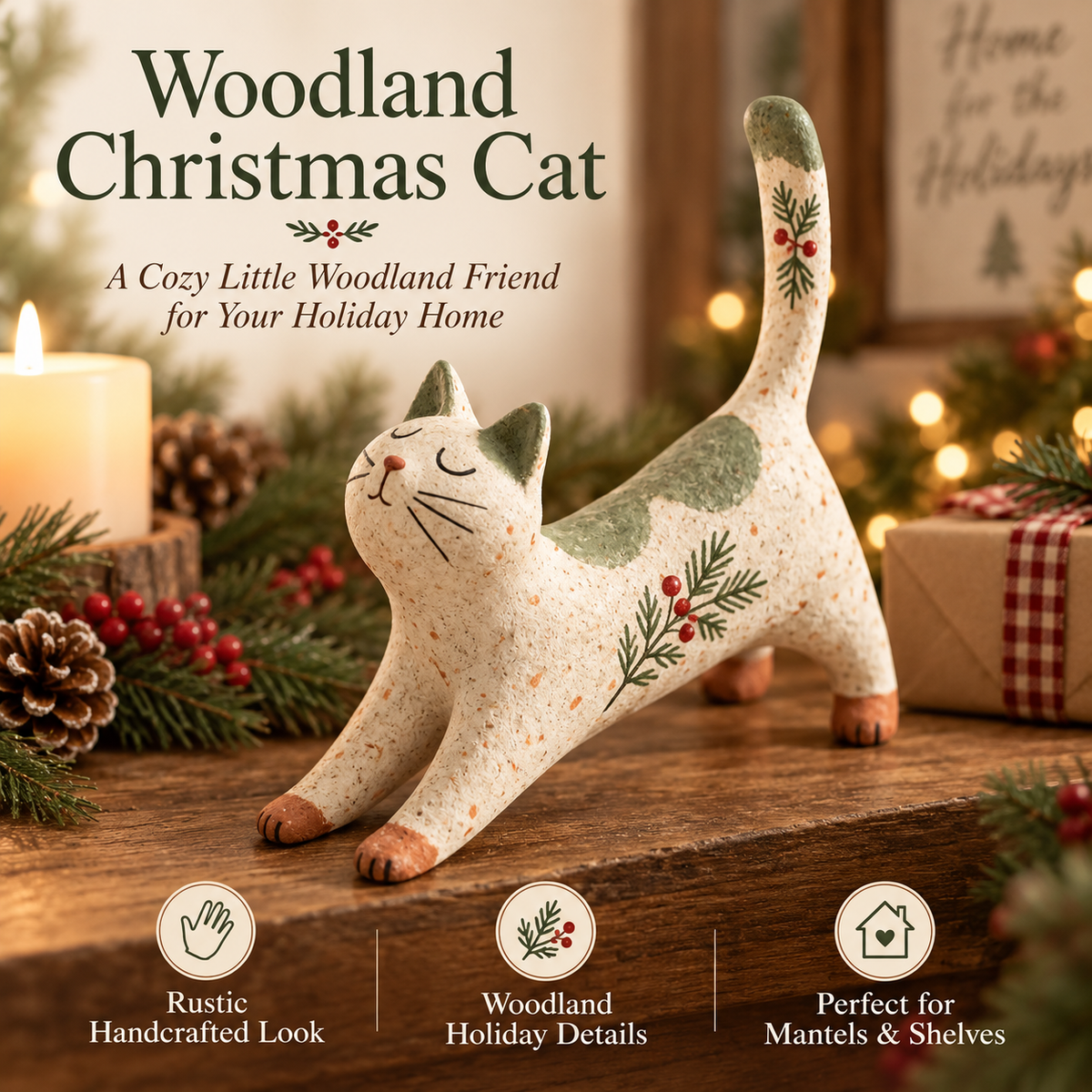 Figurine de chat de Noël sur le thème de la forêt