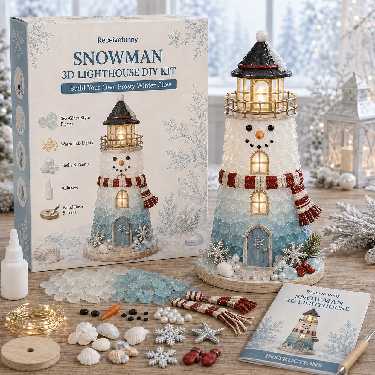 ⏳ Dernier jour : 49 % de réduction – 🎄Collection de kits de phare de Noël illuminés « style verre de mer » à monter soi-même, adaptés aux débutants
