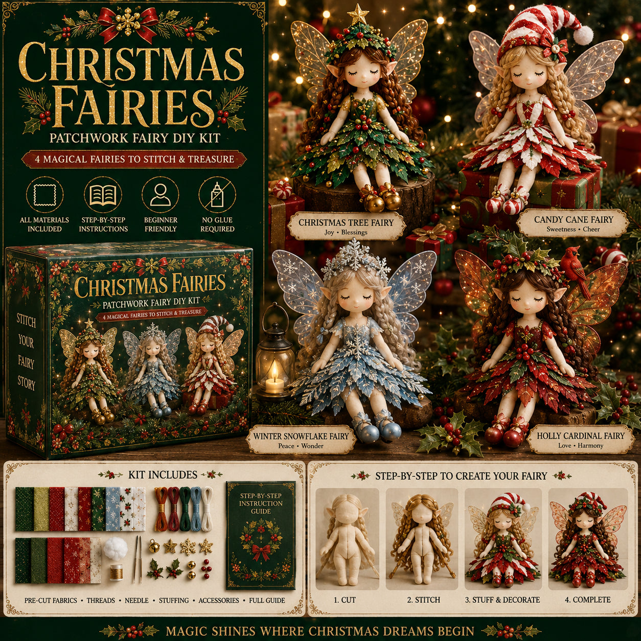 ✨ Kit de bricolage « Fée en patchwork : la magie de Noël »