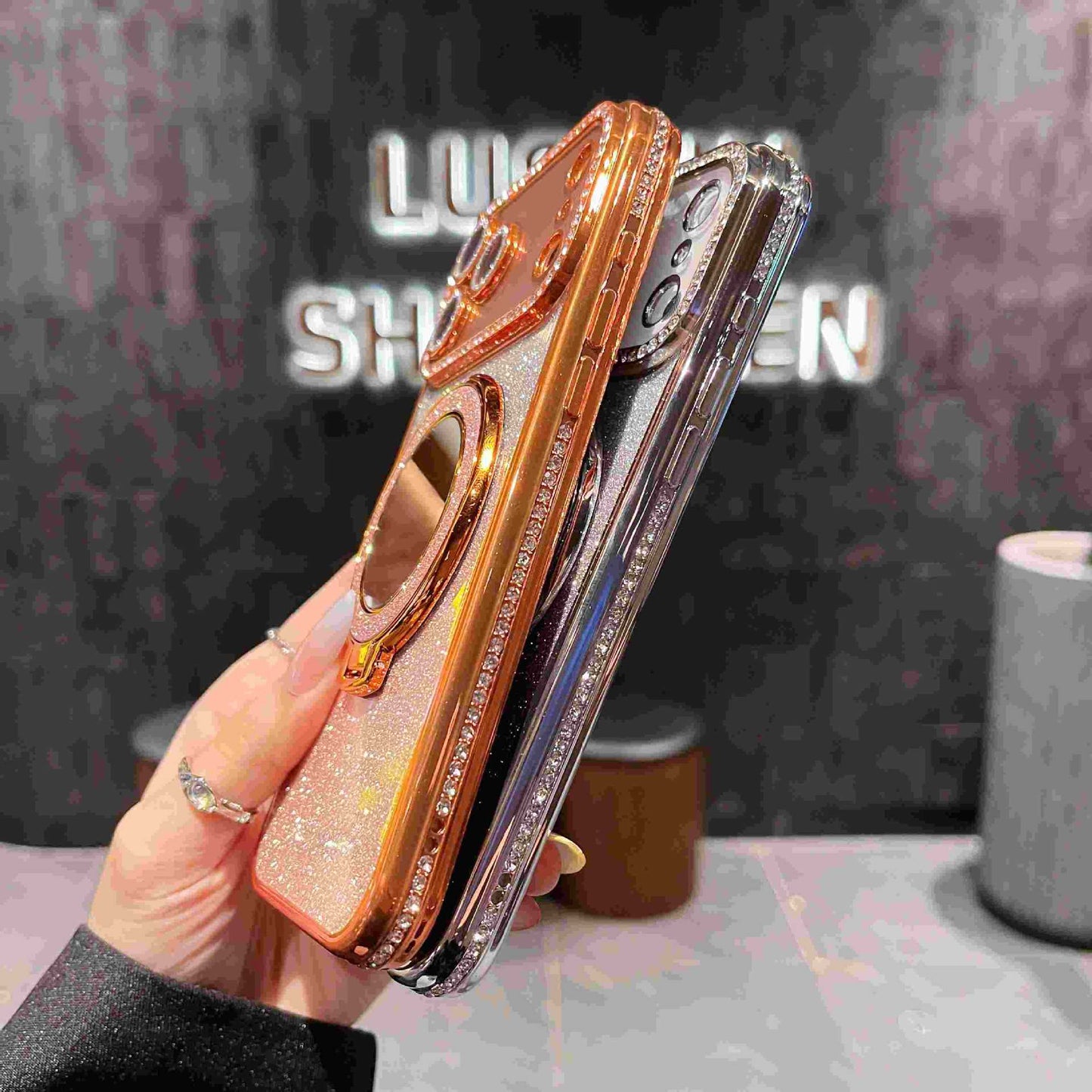 📲✨Étui protecteur pour miroir de maquillage avec support à paillettes dégradées