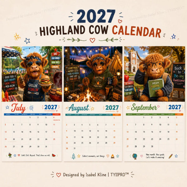 Calendrier mural humoristique « Highland Cow » 2027, format A4