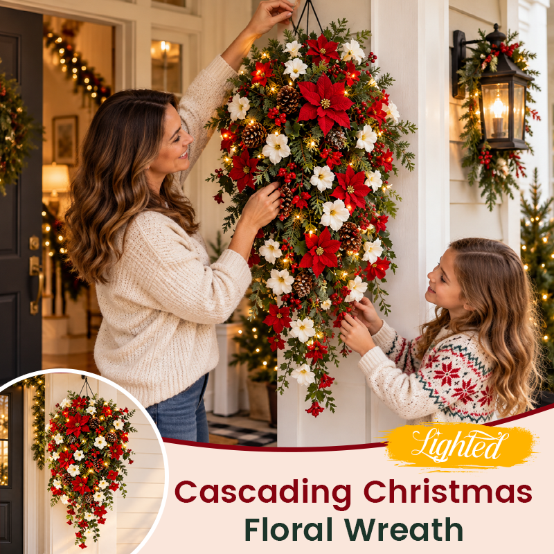 🎄Couronne de Noël en cascade — Lumières chaleureuses, fleurs rouges et blanches, un point de mire immédiat