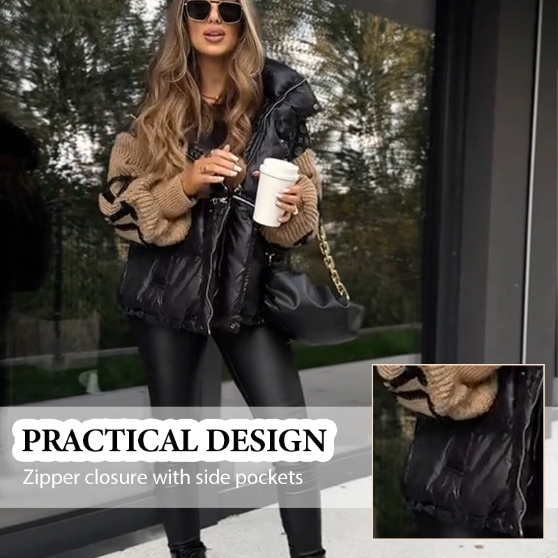 Doudoune pour femme avec col en jean patchwork et capuche