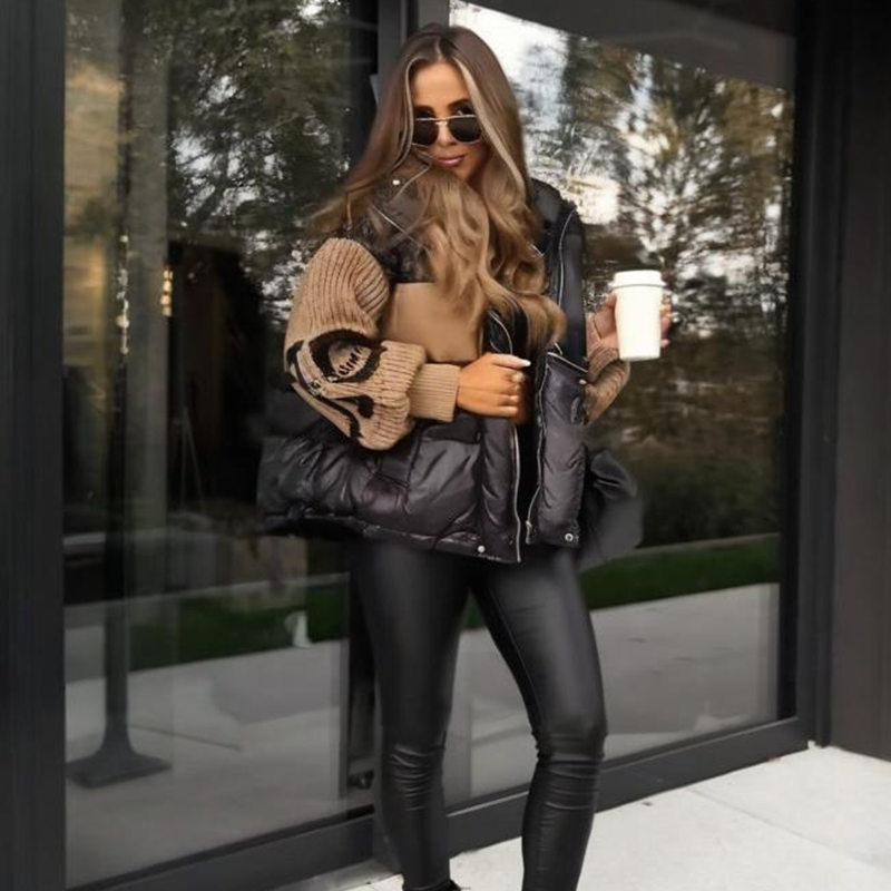 Doudoune pour femme avec col en jean patchwork et capuche