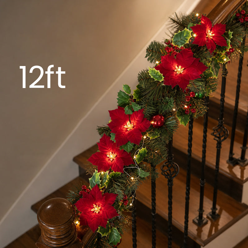 😍 🎄 Guirlande lumineuse « Étoile de Noël » – Guirlande LED de 2 m aux couleurs chaudes, ornée de fleurs rouges et de feuilles de houx