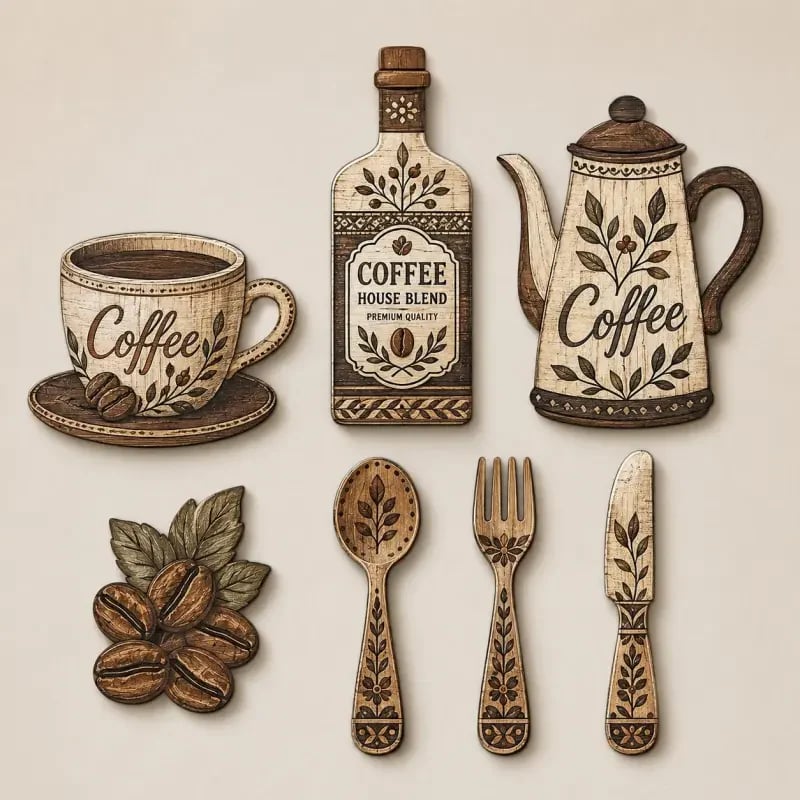 ☕Lot de 7 décorations murales en bois sur le thème du café pour la cuisine – Décor mural vintage de style fermier sur le thème du café