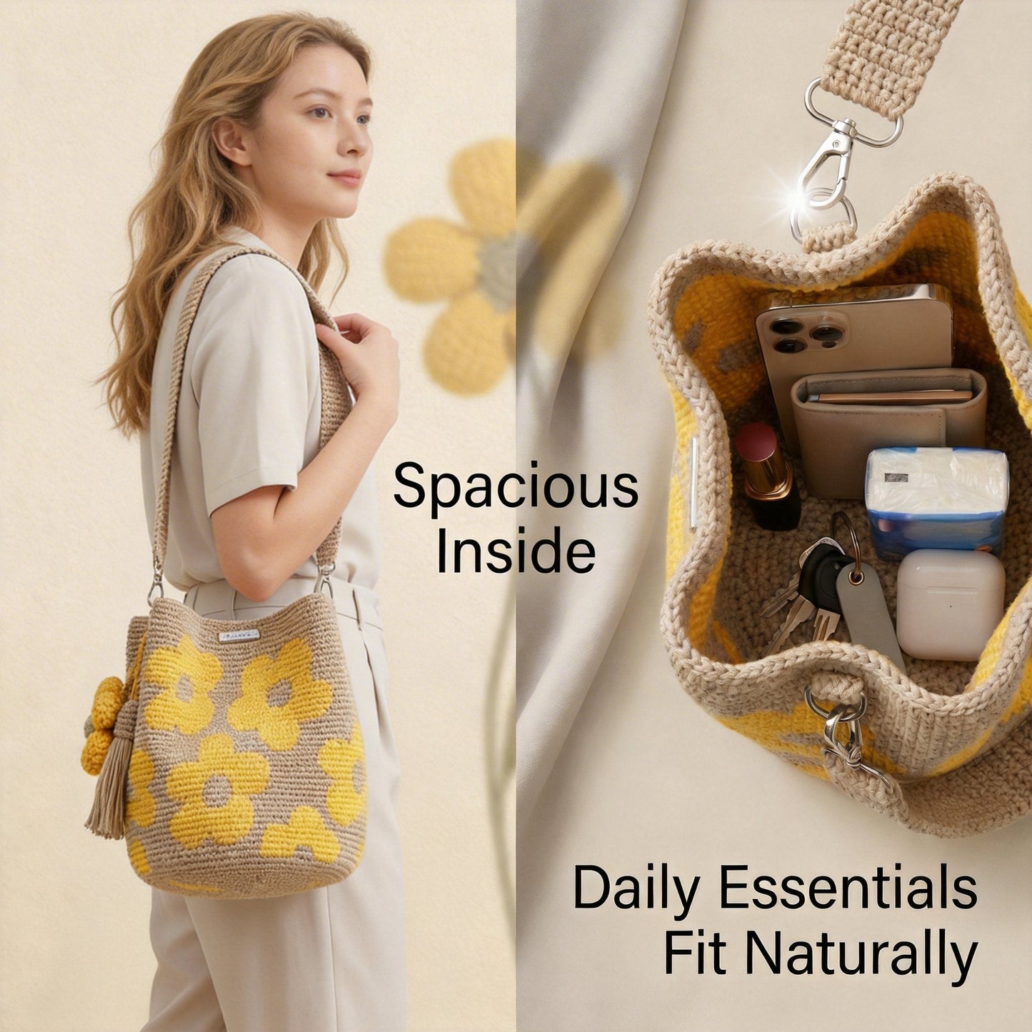 Sac fourre-tout à fleurs au crochet fait main 🌼✨