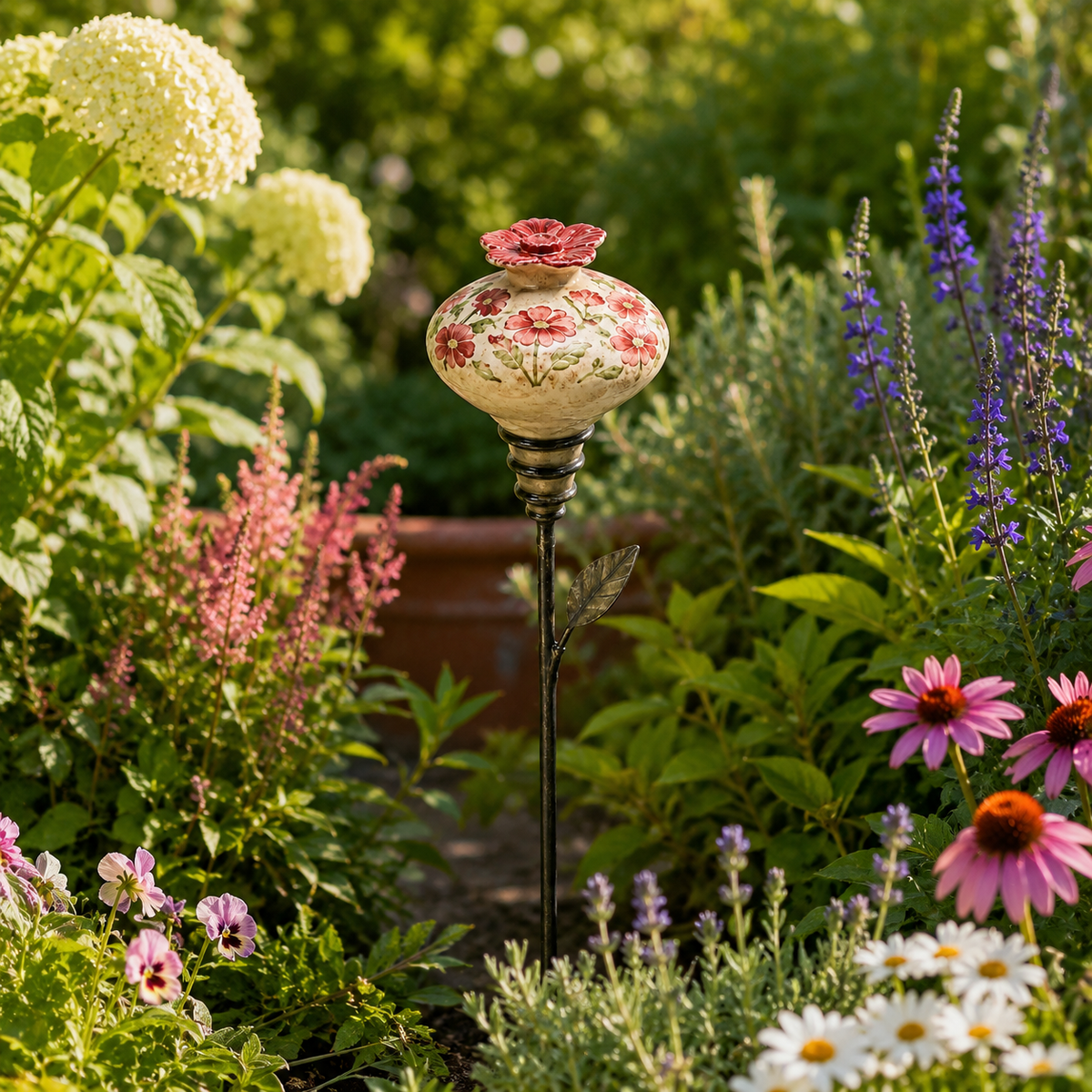 Piquet de jardin vintage en céramique avec mangeoire pour colibris
