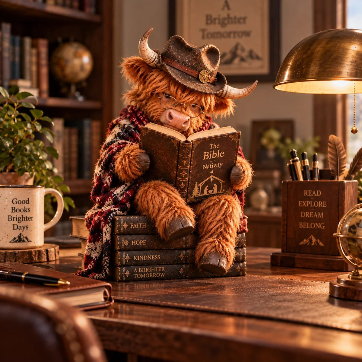 ⏳ Dernier jour : 49 % de réduction – 🐮 Figurine « Highland Cow Christmas Reader » – Cadeau pour les passionnés de lecture, inspiré par la foi