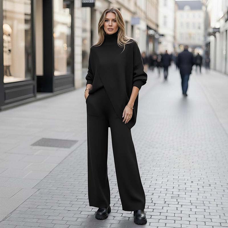 Ensemble deux pièces tricoté à encolure en V, couleur unie