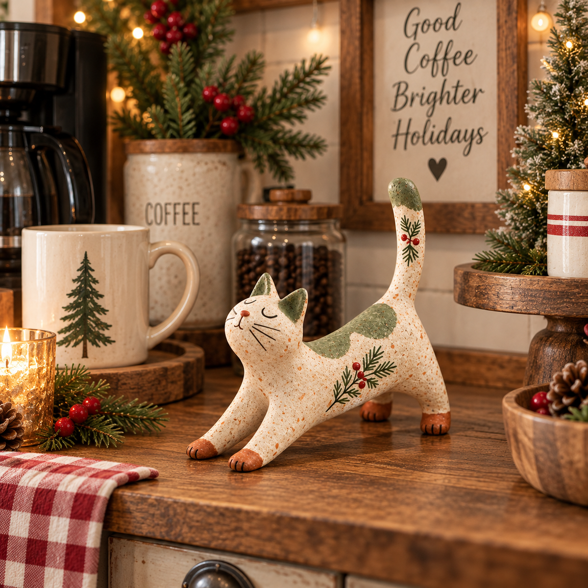 Figurine de chat de Noël sur le thème de la forêt