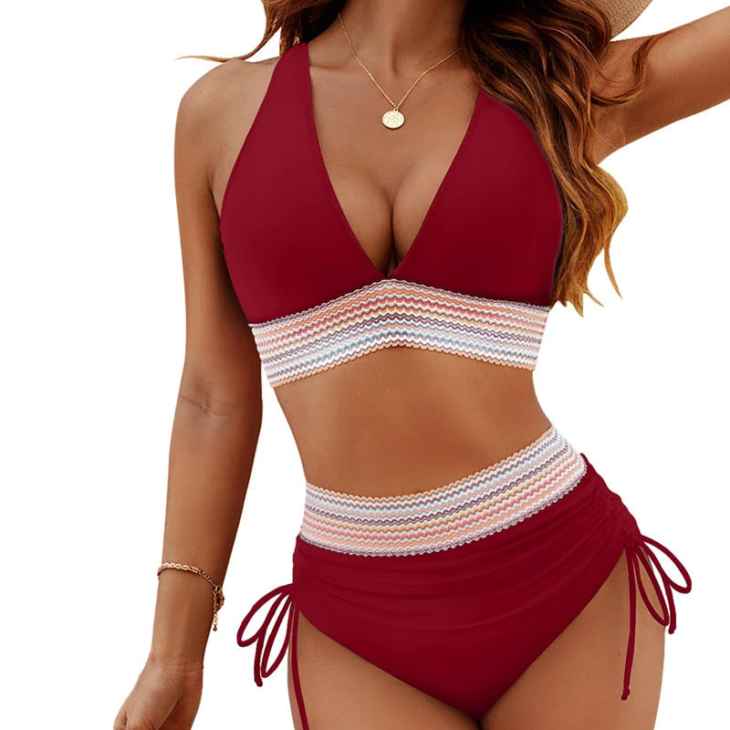 ☀️Rajoitetun ajan lomatarjous🏖️High Vyötäröiset vatsanhallintaväriset bikinisarjat Color Block Bikini Sets