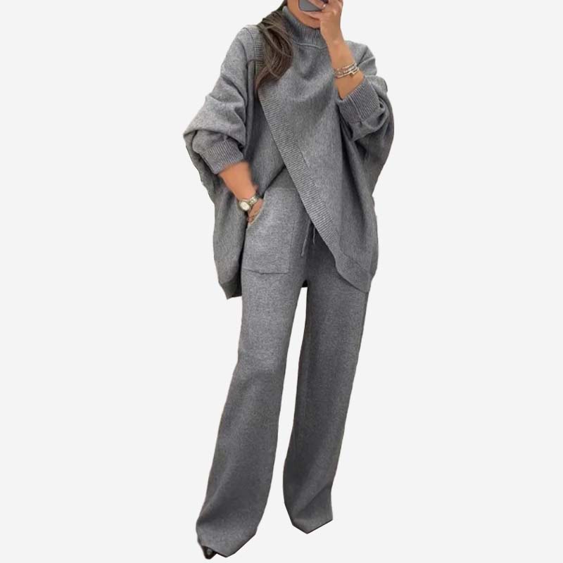 Ensemble deux pièces tricoté à encolure en V, couleur unie