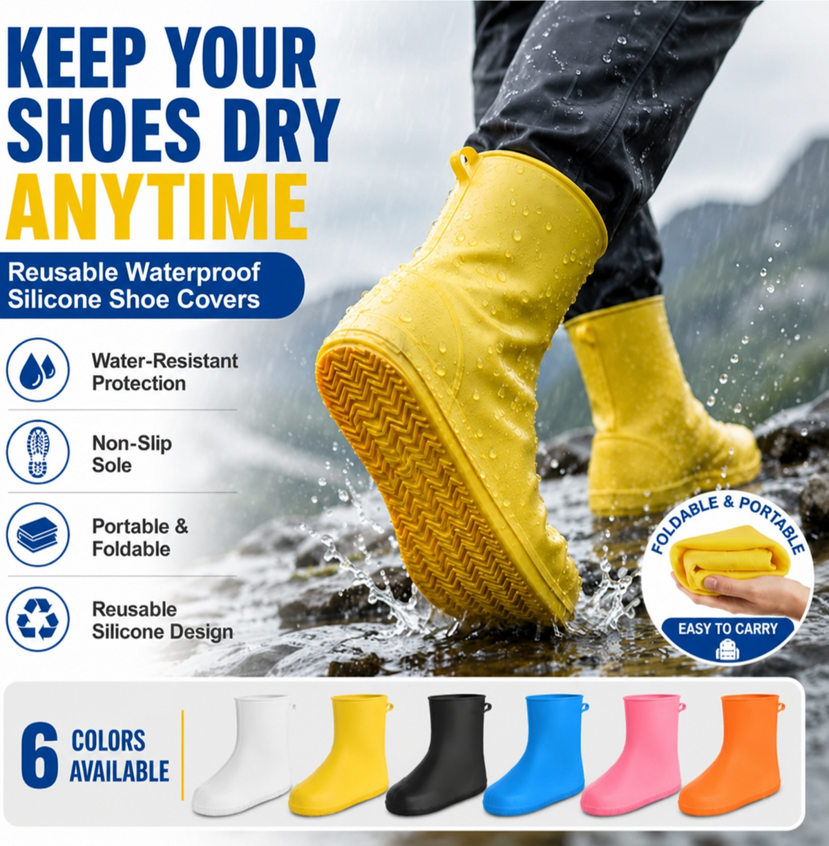Fini les baskets mouillées ! Sur-chaussures pour forte pluie — Antidérapantes et pliables pour se glisser dans votre sac 🌧️