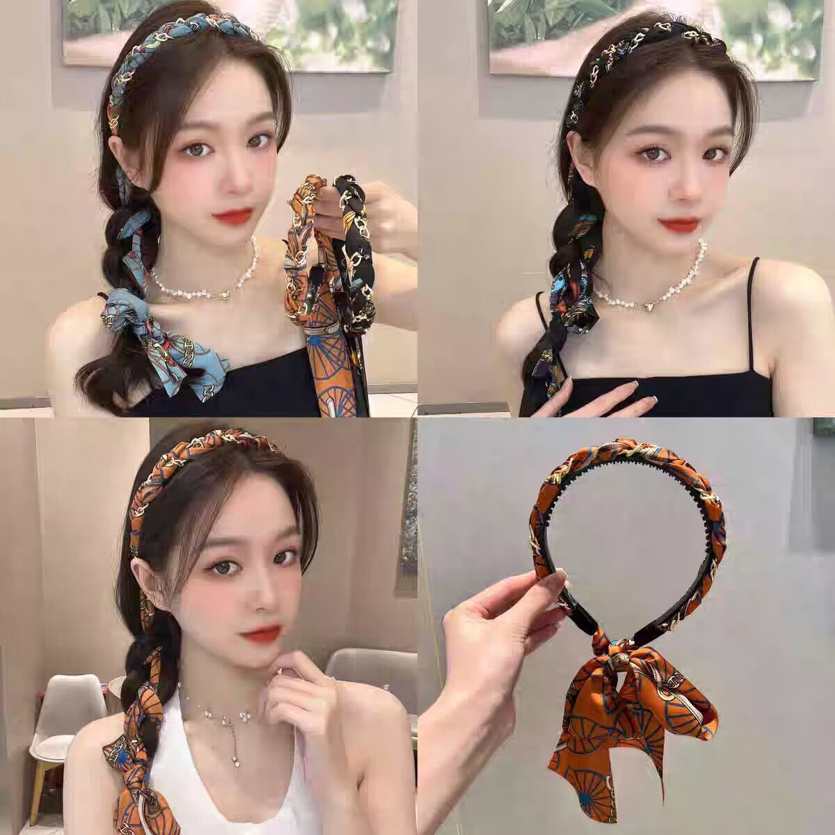 Nouveau bandeau en tissu – accessoire pour cheveux de style ethnique avec une chaîne tressée et un ruban ondulé