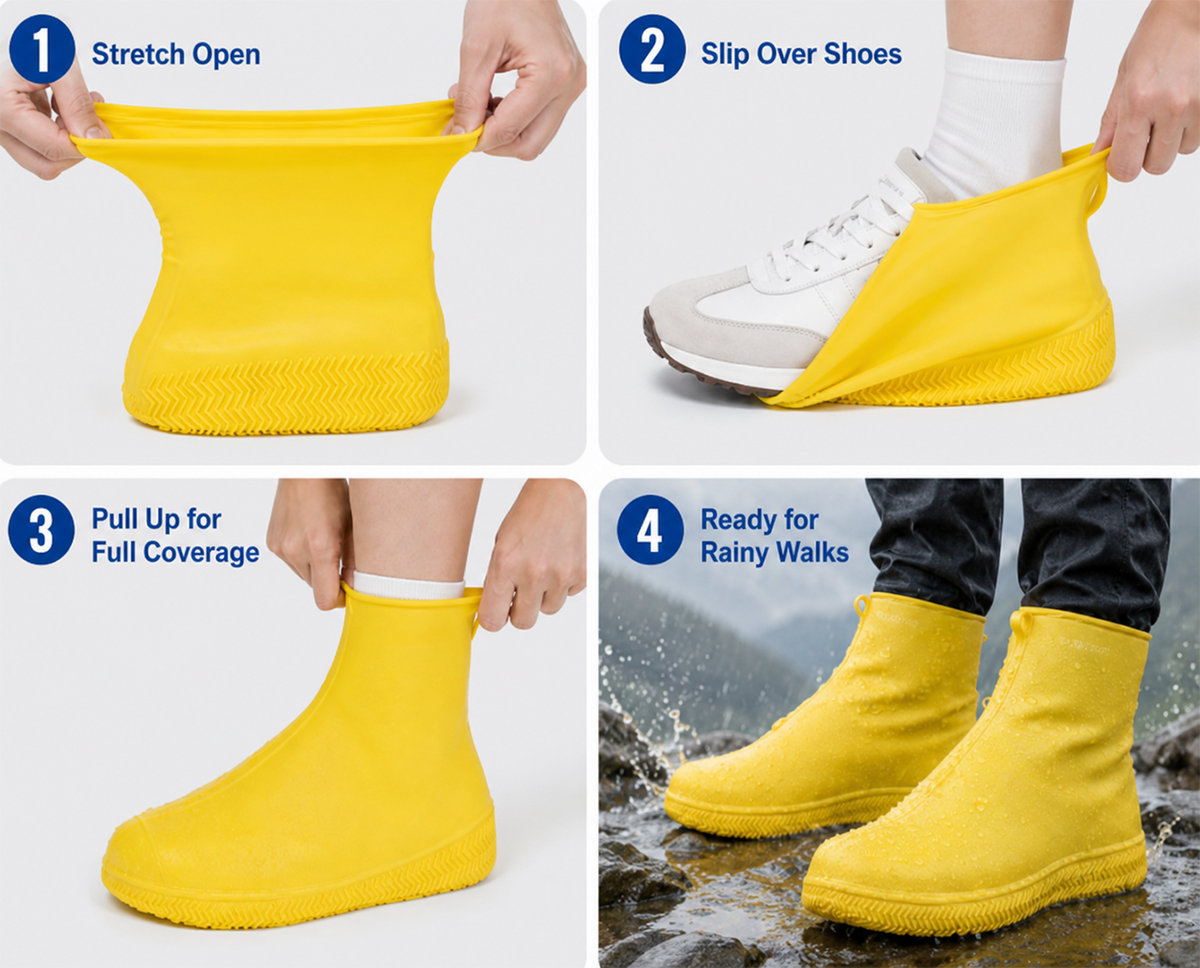 Fini les baskets mouillées ! Sur-chaussures pour forte pluie — Antidérapantes et pliables pour se glisser dans votre sac 🌧️