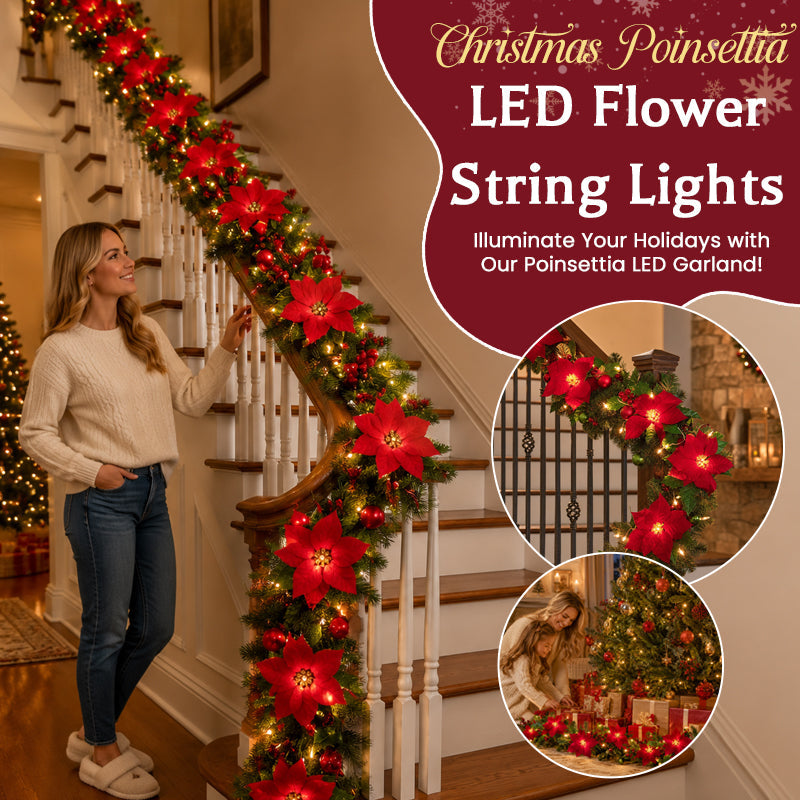 😍 🎄 Guirlande lumineuse « Étoile de Noël » – Guirlande LED de 2 m aux couleurs chaudes, ornée de fleurs rouges et de feuilles de houx