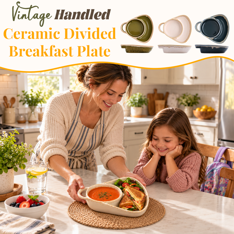 Assiette de petit-déjeuner vintage en céramique à compartiments, avec anse
