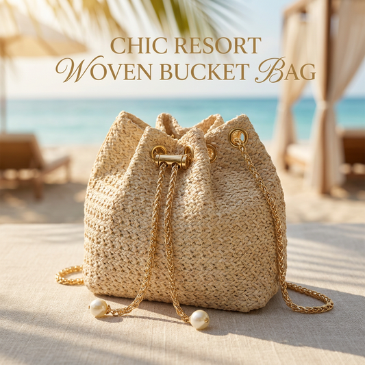 Sac seau en paille tressée avec chaîne à cordon pour femme  – Nouveau style d'été, navette, style coréen, sac à bandoulière uni simple