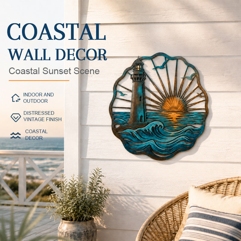 🌅 Fresque murale « Golden Harbour Lighthouse » – Décoration murale vintage en métal, style côtier⚓