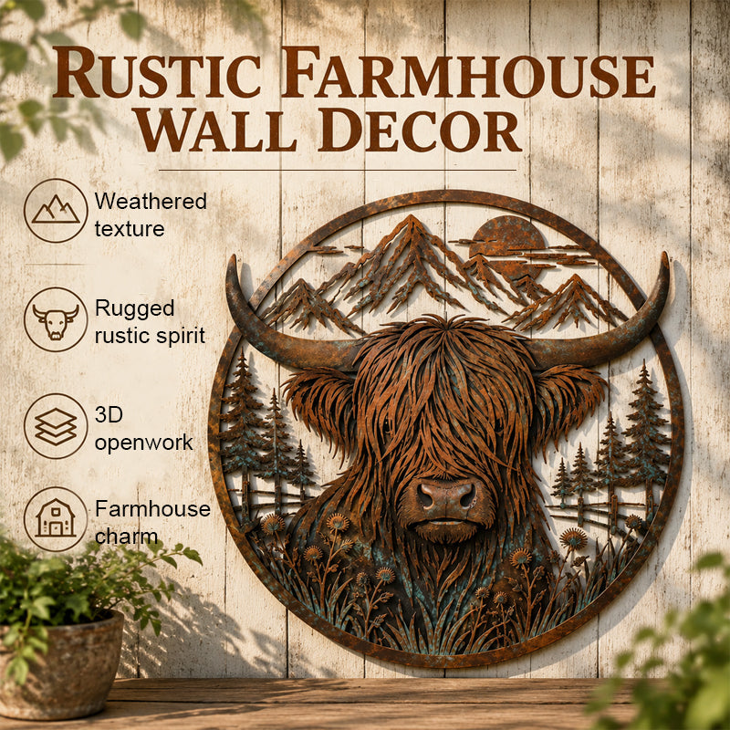 Tableau mural en métal représentant une vache des Highlands dans un paysage de montagne