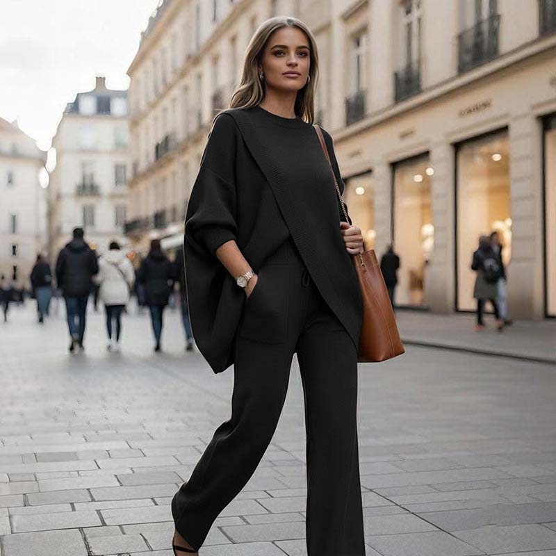 Ensemble deux pièces tricoté à encolure en V, couleur unie