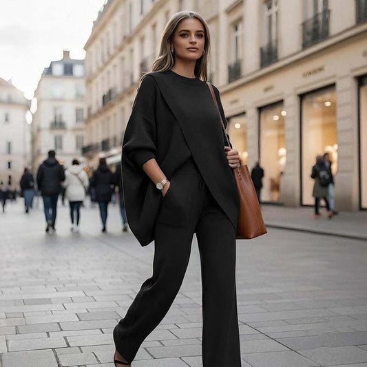 Ensemble deux pièces tricoté à encolure en V, couleur unie