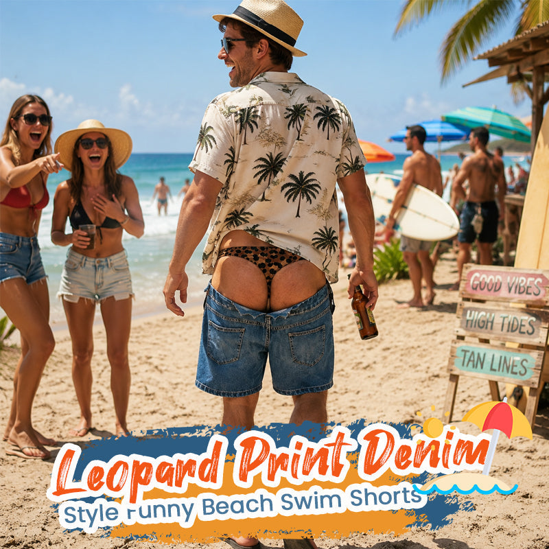 Short de bain fantaisie en faux denim à imprimé léopard | Short de plage fantaisie à effet d'illusion