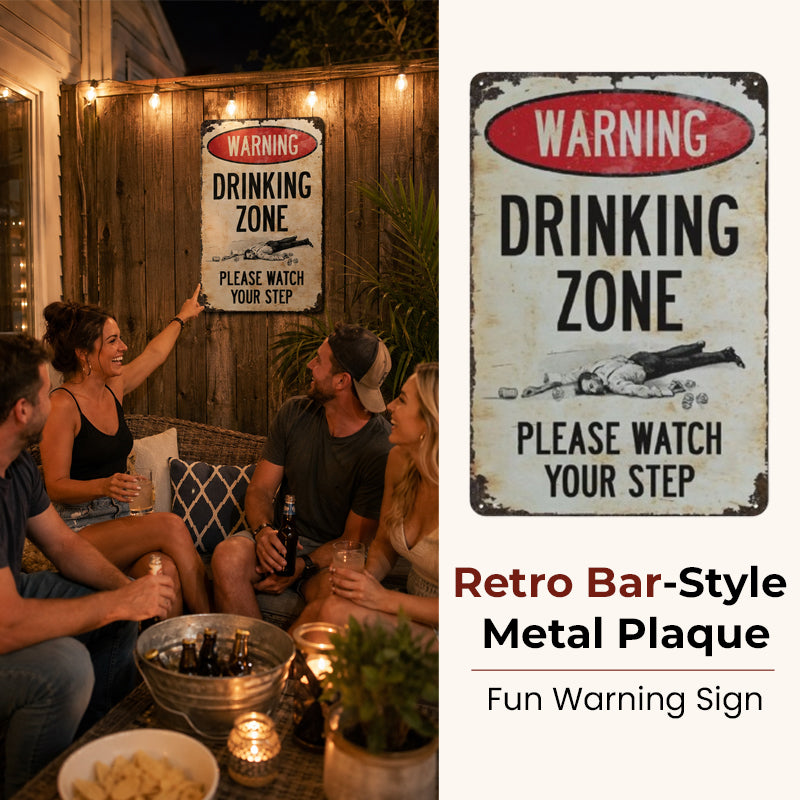 Panneau métallique vintage de bar avec avertissement humoristique « Zone de consommation d'alcool » 🍻🚧