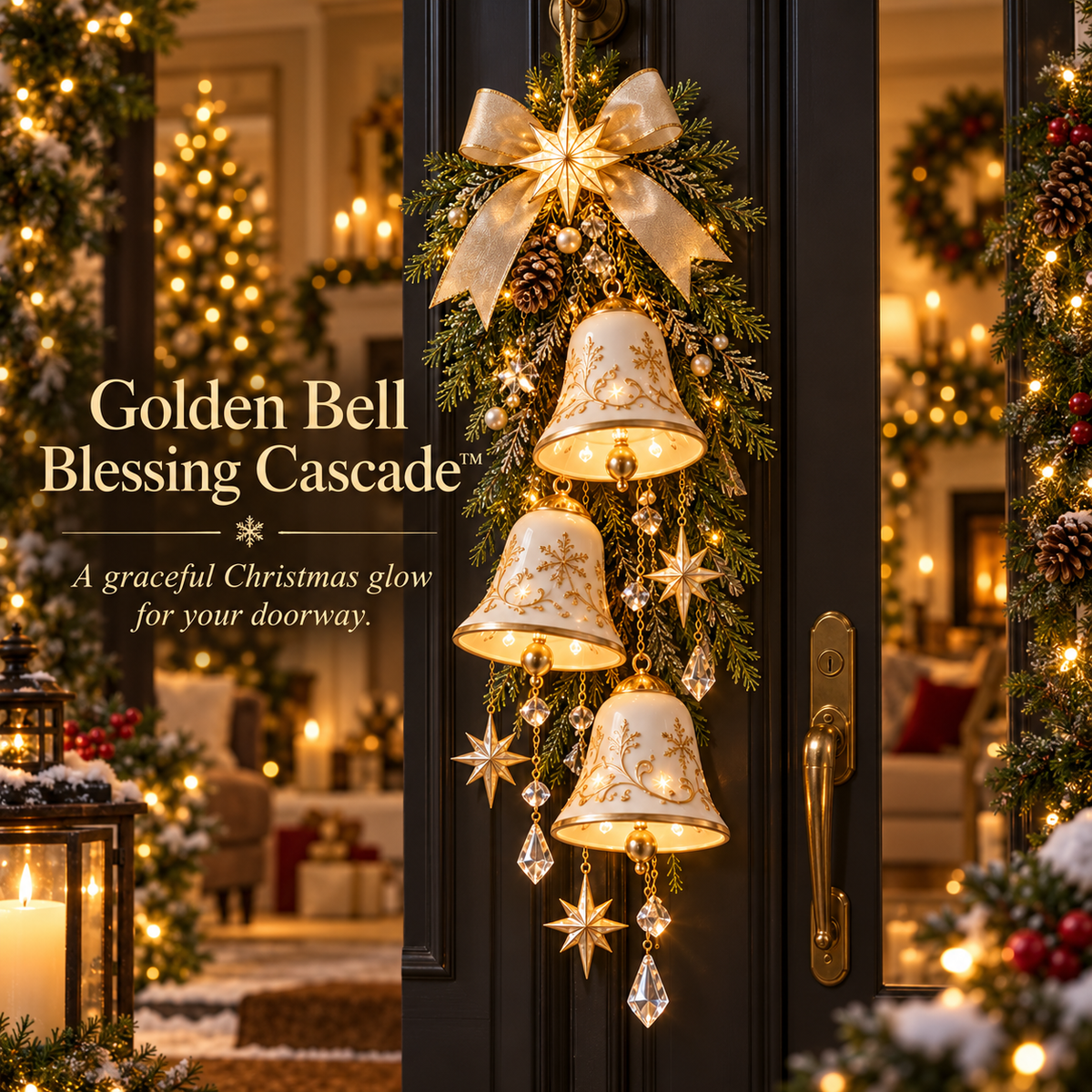 🔔✨Dernier jour : 49 % de réduction✨✨ Golden Bell Blessing Cascade™ – Décoration de porte de Noël lumineuse