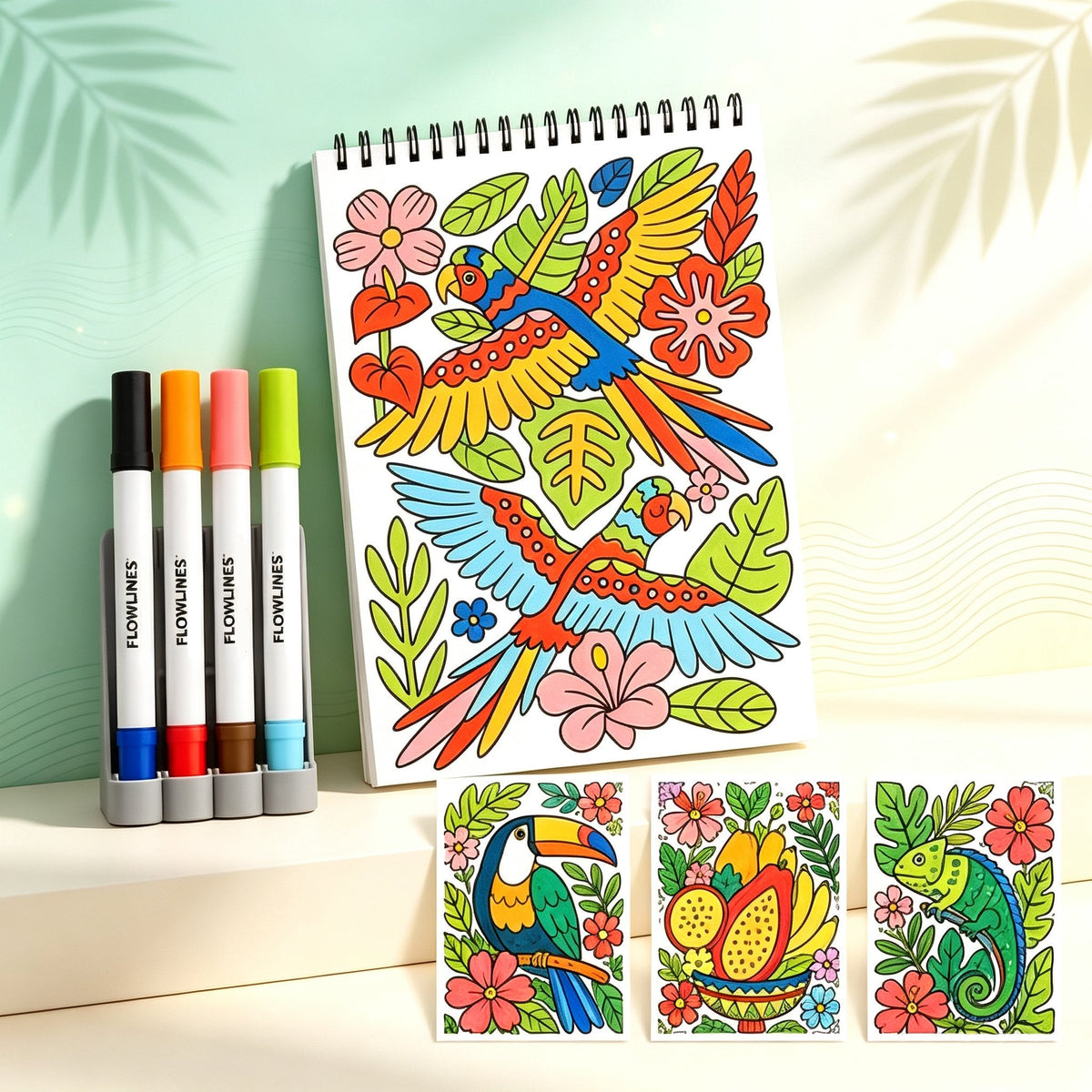 🌿  Cahier de coloriage « Flow Art » avec instructions et feutres double face 🎨