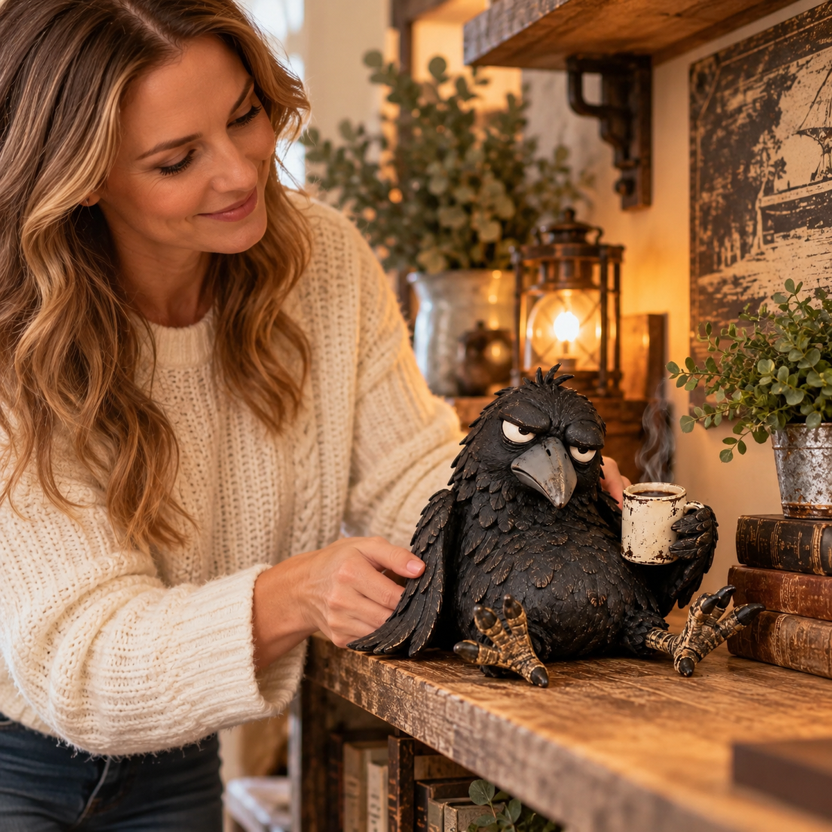 Figurine « Grumpy Coffee Raven » – Décoration matinale humoristique « Pas encore »