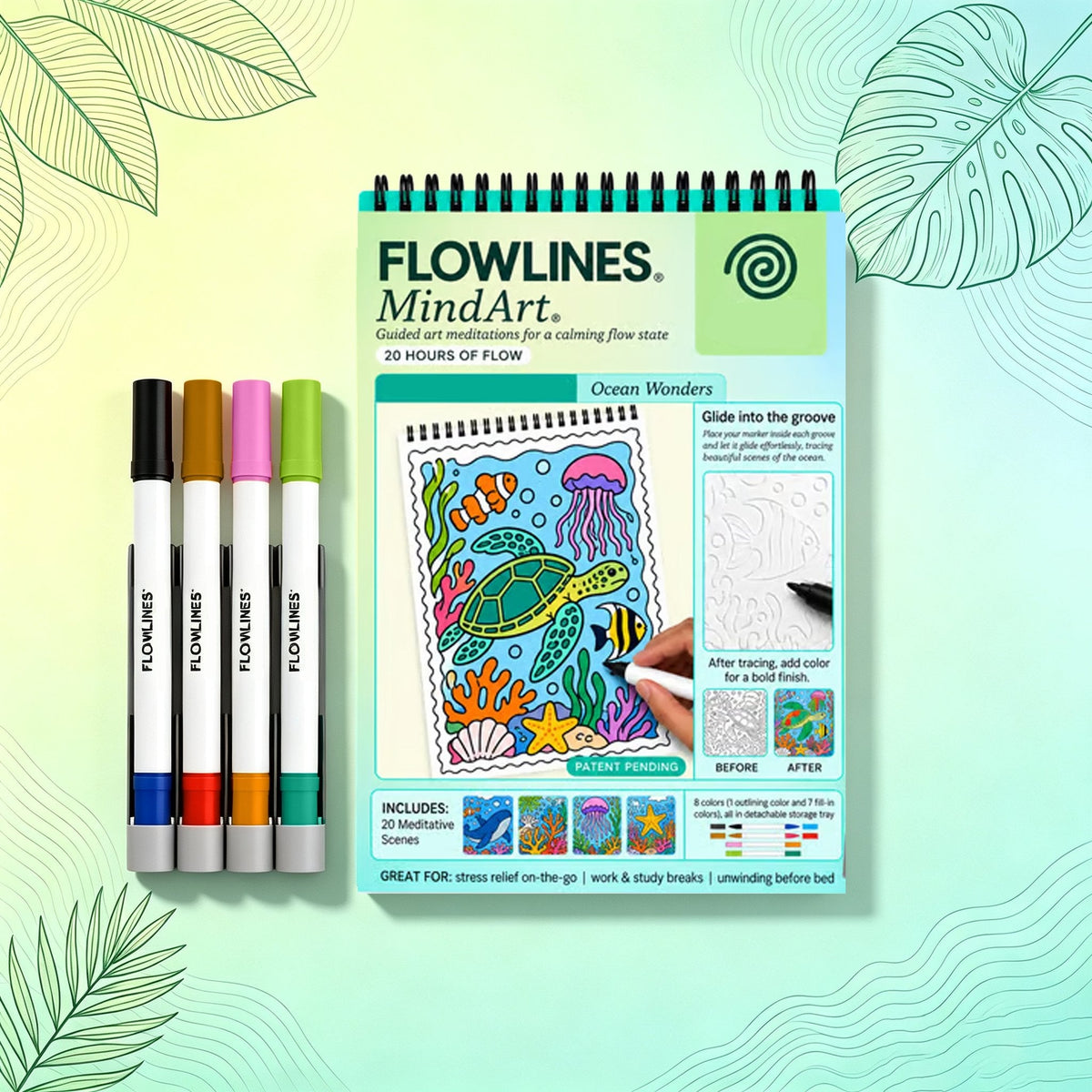 🌿  Cahier de coloriage « Flow Art » avec instructions et feutres double face 🎨
