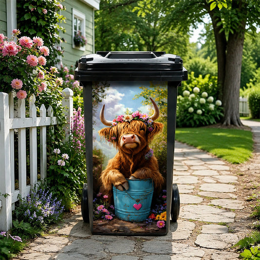 🐮 Autocollants pour poubelle avec motif de vache de montagne et de fleurs