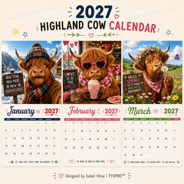Calendrier mural humoristique « Highland Cow » 2027, format A4