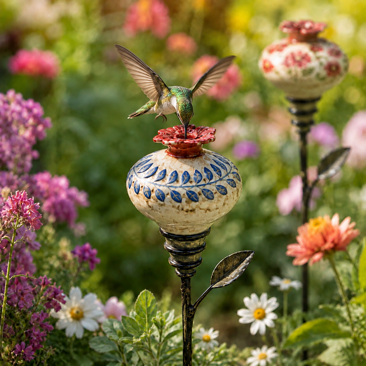 Piquet de jardin vintage en céramique avec mangeoire pour colibris
