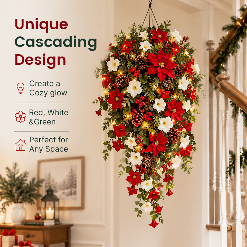🎄Couronne de Noël en cascade — Lumières chaleureuses, fleurs rouges et blanches, un point de mire immédiat