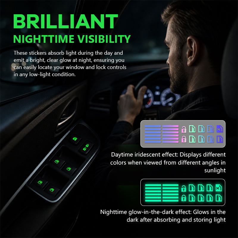 💡Autocollants lumineux pour boutons de lève-vitre de voiture - Autocollants colorés pour boutons d'avertissement qui brillent dans le noir