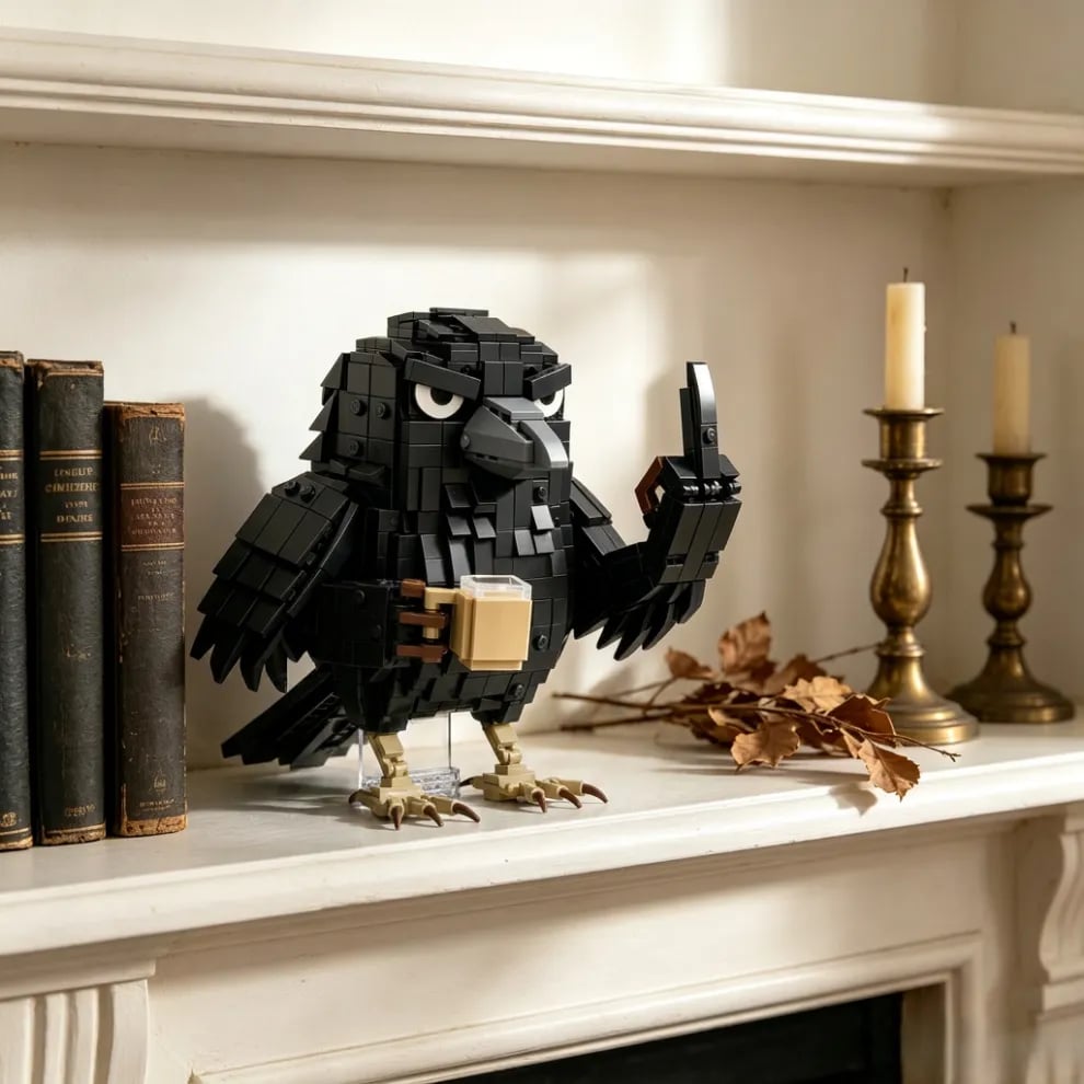 🐦‍⬛ Corbeau sarcastique et café — Jeu de construction – Décoration de bureau humoristique « Ne pas déranger »
