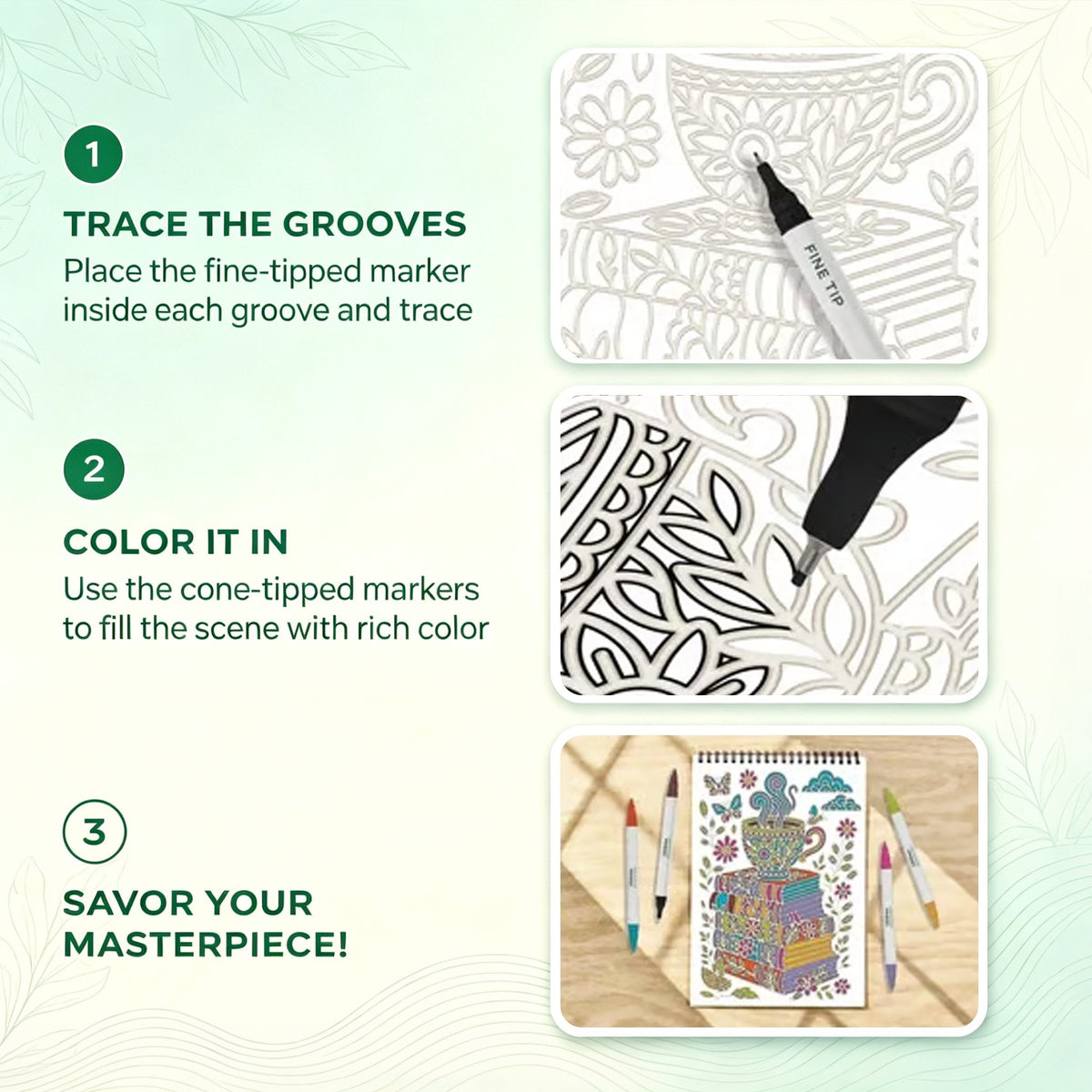 🌿  Cahier de coloriage « Flow Art » avec instructions et feutres double face 🎨